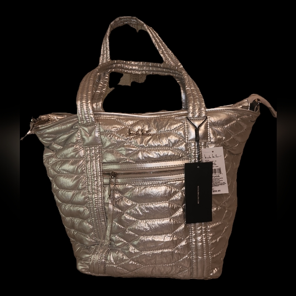 Nicole Miller Silver Quilted Women's Tote Bag Fancy Weekender Shoulder Bag - Picture 3 of 16